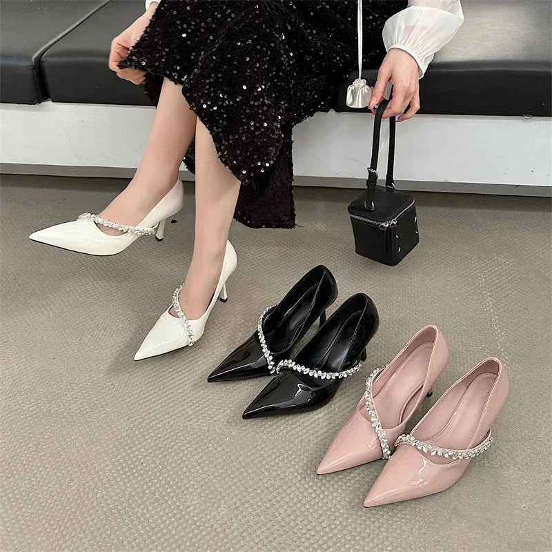 Rhinestone Chain Sexy Thin High Heels Women Pointed Toe Pumps Office Shoes Female Fashion Elegant Dress Shoes Zapatos De Mujer