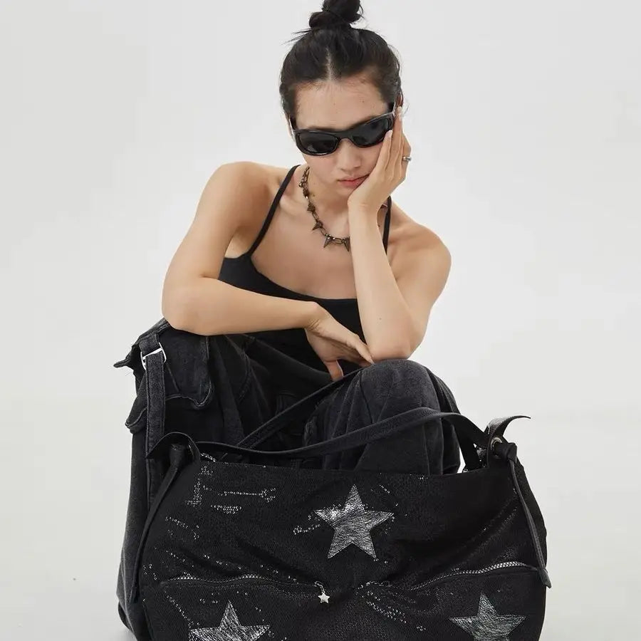 Star Black Large Capacity Tote Bag Women Hot Girls Beading Y2k Shoulder Messenger Bag Female Harajuku Aesthetic Handbag - EUFASHIONBAGS