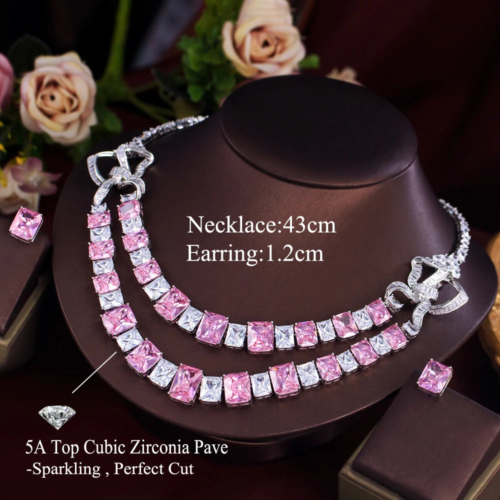 Luxury Big Square Chunky Pink Cubic Zirconia Double Layered Necklace Wedding Jewelry Sets for Brides Party Wear - EUFASHIONBAGS