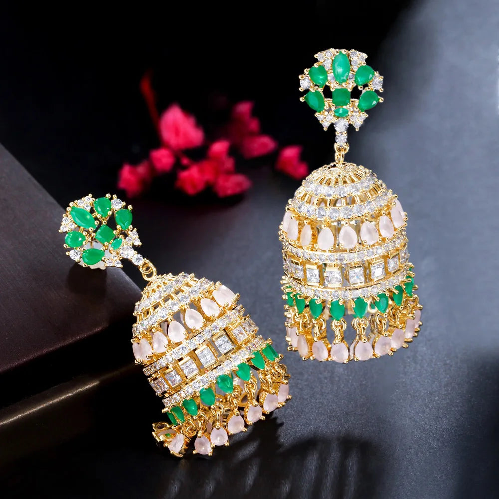 New Indian Trendy Round Shape Gold Plated Multicolor CZ Bell Long Earring for Women Luxury Dubai Bridal Jewelry