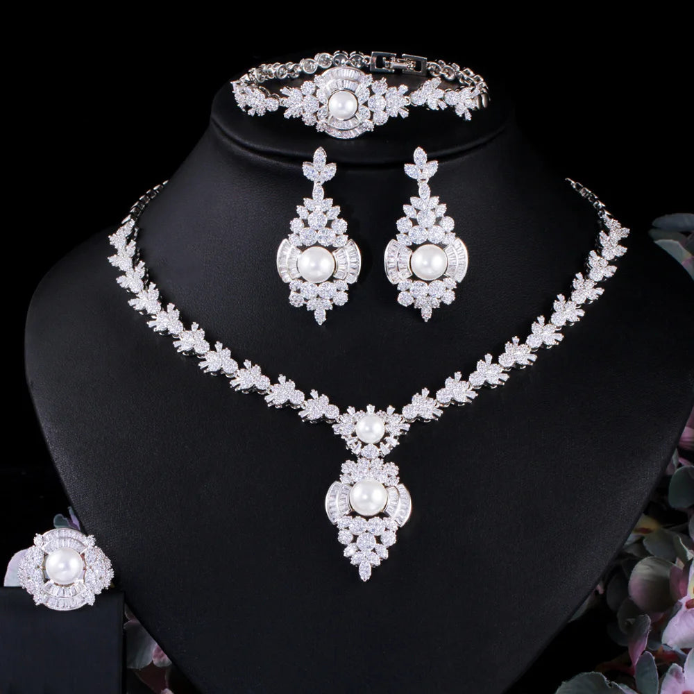 4pcs Cubic Zirconia Luxury White Pearl Necklace Earrings Jewelry Sets for Women Wedding Bridal Party Accessories