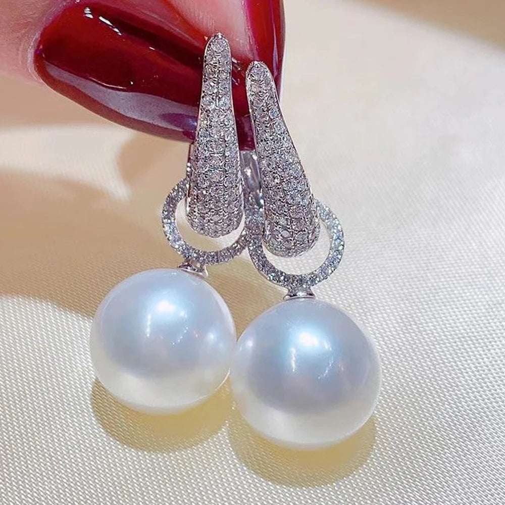 New Trend Imitation Pearl Dangle Earring for Women Luxury Silver Color Bling Cubic Zirconia Fashion Elegant Lady Jewelry