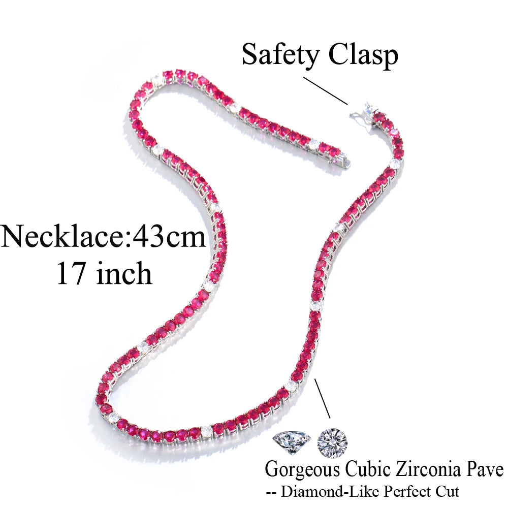 Real 5A Fuchsia Red Cubic Zirconia Shiny Round CZ Tennis Chain Link Necklace for Women Summer Party Jewelry - EUFASHIONBAGS