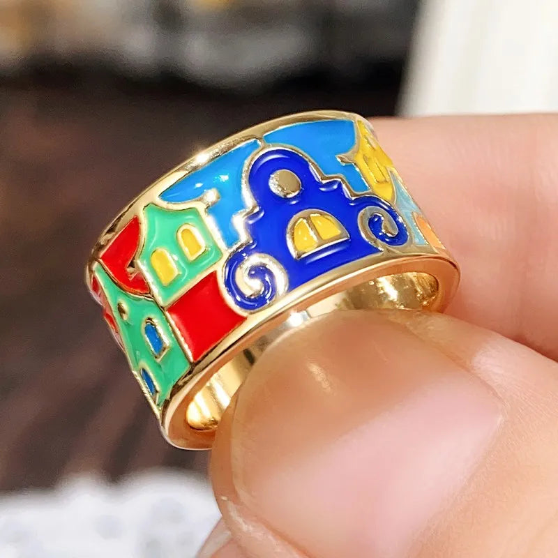 Creative Colored Housed Design Enamel Finger Ring for Women Gold Color Band Funny Girls Rings Gift Hip Hop Party Jewelry - EUFASHIONBAGS