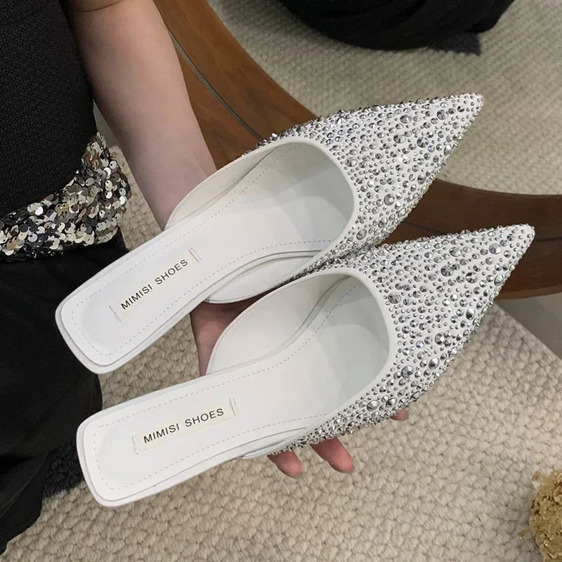 Sparkling Rhinestone Luxury Slippers for Women Sexy Pointed Toe  Low Heel Slides Fashion Footwear Diamond Dress Sandals Women