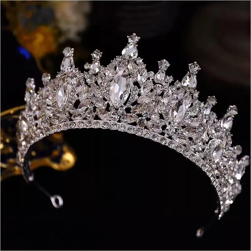 Korean Luxury Queen Water Drop Silver Color Crystal Tiaras Crown For Bride Women Girls Wedding Princess Party Hair Dress Jewelry - EUFASHIONBAGS