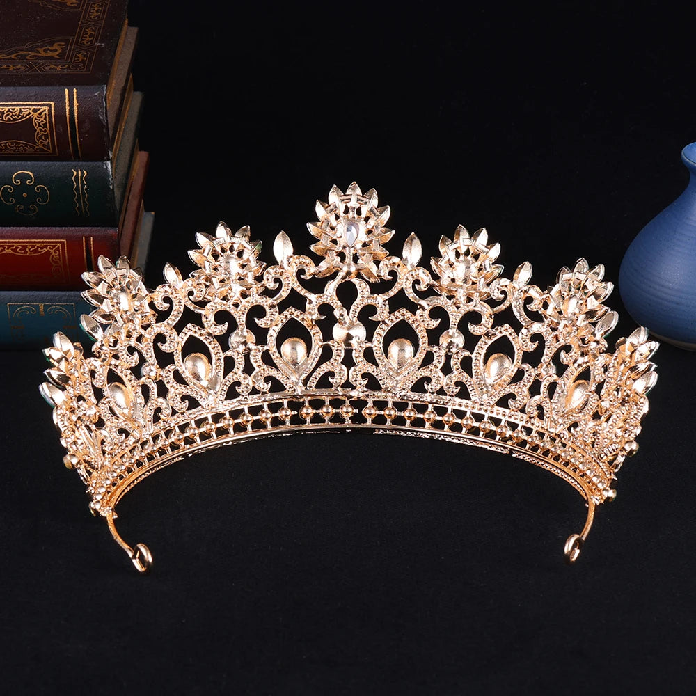 Royal Queen Wedding Crown Diadem Women Large Red Crystal Banquet Tiaras Headpiece Bridal Party Costume Hair Jewelry Accessories