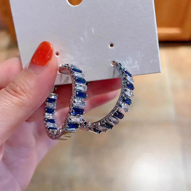 Blue/White CZ Hoop Earrings Full Bling Iced Out Engagement Wedding Party Luxury Trendy Jewelry for Women New - EUFASHIONBAGS