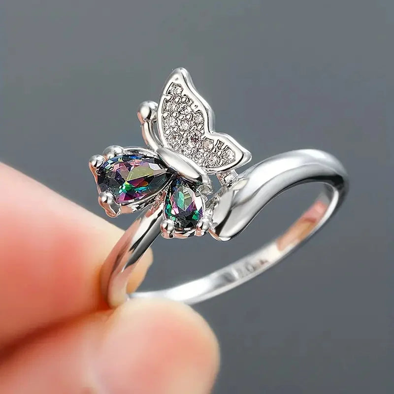 Butterfly Rings with Multi-colored Cubic Zirconia Aesthetic Wedding Accessory for Women Exquisite Gift Statement Jewelry