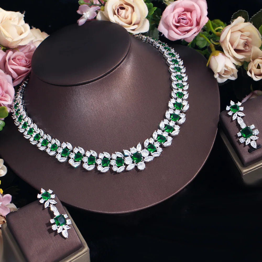 Luxurious Green Cubic Zirconia Big Women Wedding Event Costume Necklace Earrings Jewelry Sets for Brides - EUFASHIONBAGS