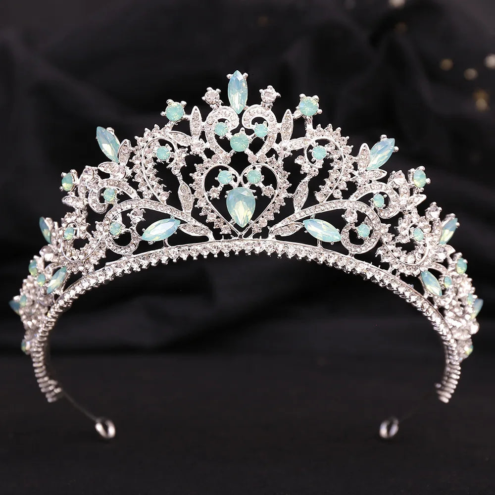 Silver Color Blue Opal Wedding Crown Princess Headdress Crystal Bridal Tiaras Rhinestone Diadem Wedding Hair Jewelry Accessories - EUFASHIONBAGS