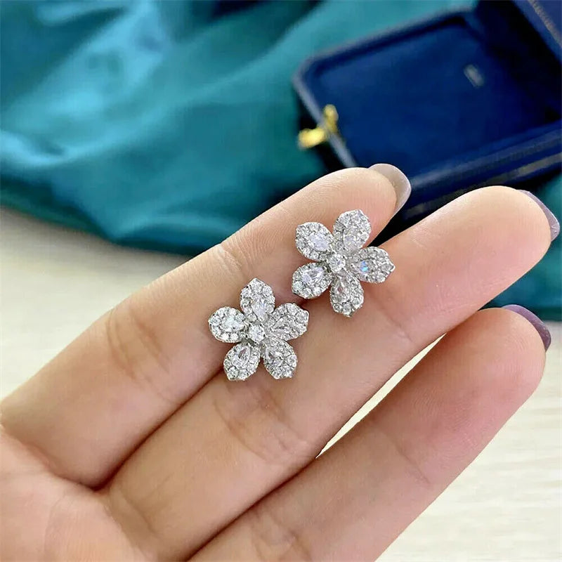 Silver Color Crystal Cubic Zirconia Flower Earrings for Women Fancy Ear Accessories Birthday Gift Piercing Trendy Jewelry