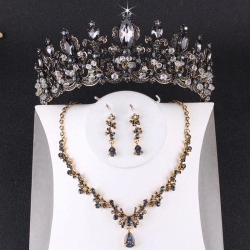 Baroque Vintage Black Crystal Tiaras Crowns Necklace Earrings Set Faux Pearl Bridal Jewelry Sets For Women Wedding Accessories