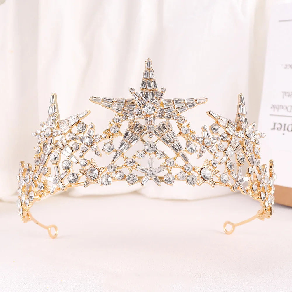 Baroque Star Crown Crystal Bridal Tiaras Rhinestone Pageant Diadem Bride Star Headdress Wedding Hair Accessories Tiara De Noiva - EUFASHIONBAGS