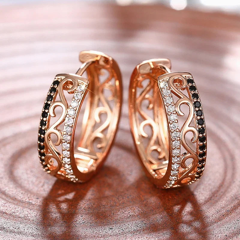 White/Black CZ Rose Gold Color Hoop Earrings for Women Hollow Out Pattern Aesthetic Female Earrings Wedding Trend Jewelry - EUFASHIONBAGS