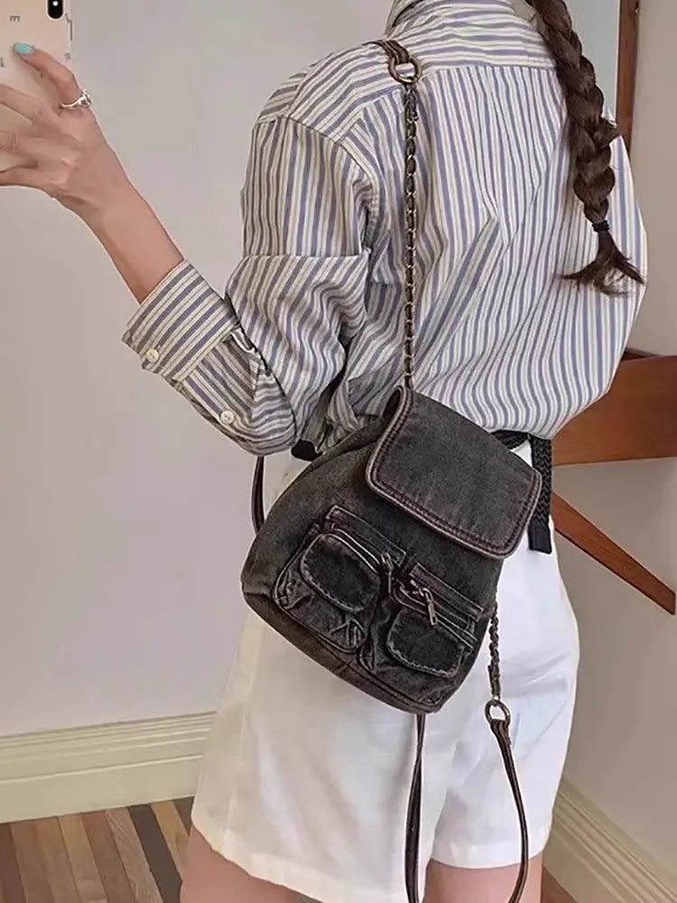 Vintage Denim Mini Backpack Women 2025 Retro High Street Pocket Chain Chic Y2k Mochila Girls Casual Backpacks Aesthetic