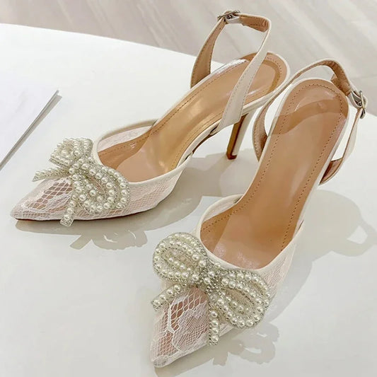 Lace String Bead Thin High Heels Women Pointed Toe Bowknot Party Dress Shoes Hollow Breathable Mesh Slingbacks Sandals Women