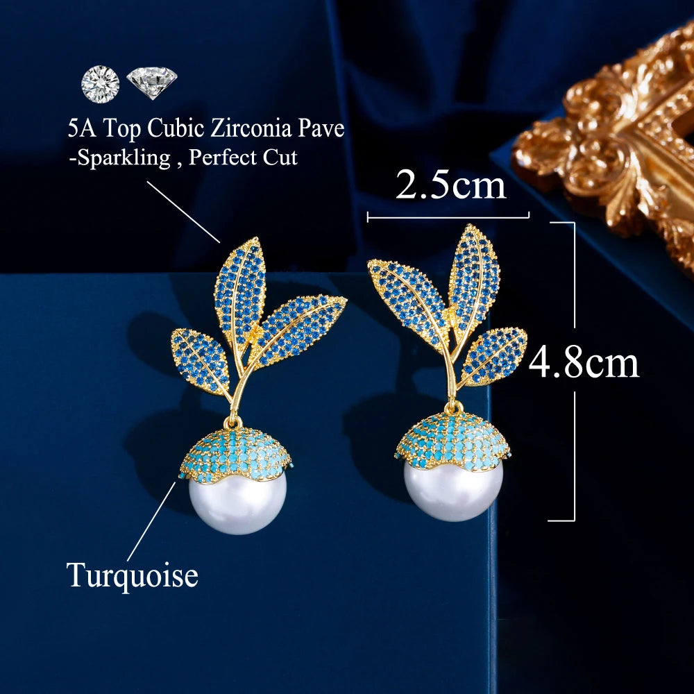 Blue Cubic Zirconia and Turquoise Micro Pave Luxury Long Dangly Drop Wedding Bridal Party Leaf Pearl Earrings - EUFASHIONBAGS