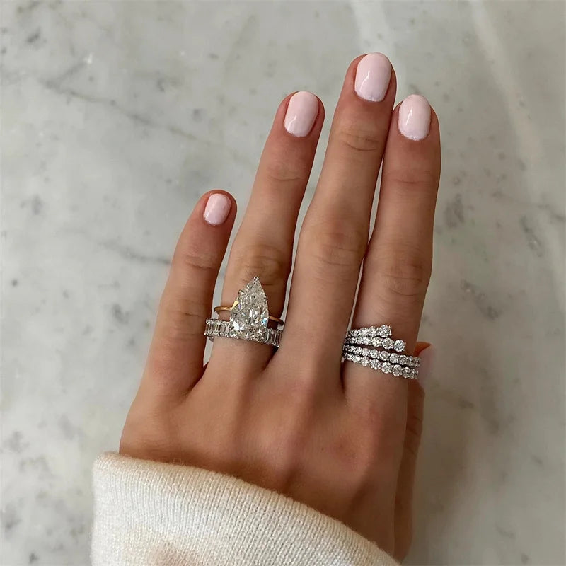 Simple Stylish Lines Cubic Zirconia Rings Women Silver Color Band Bridal Wedding Accessories Modern Jewelry for Party New