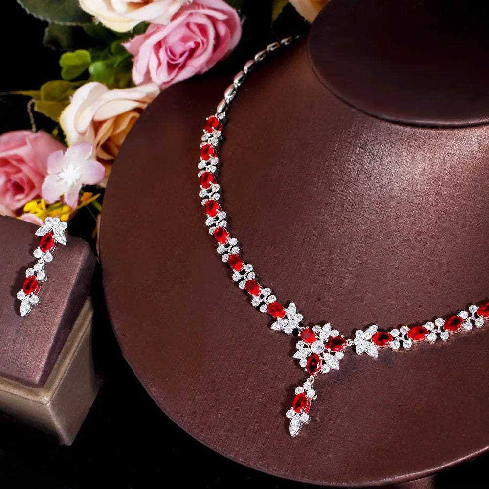 New Style Chic Red CZ Crystal Elegant Women Party Flower Necklace and Earrings Sets for Brides Wedding Jewelry - EUFASHIONBAGS