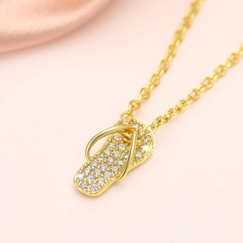 Fancy Slipper Shaped Pendant Necklace Female Cute Girls Gold Color Bright CZ Jewelry for Daily Life Delicate Accessories