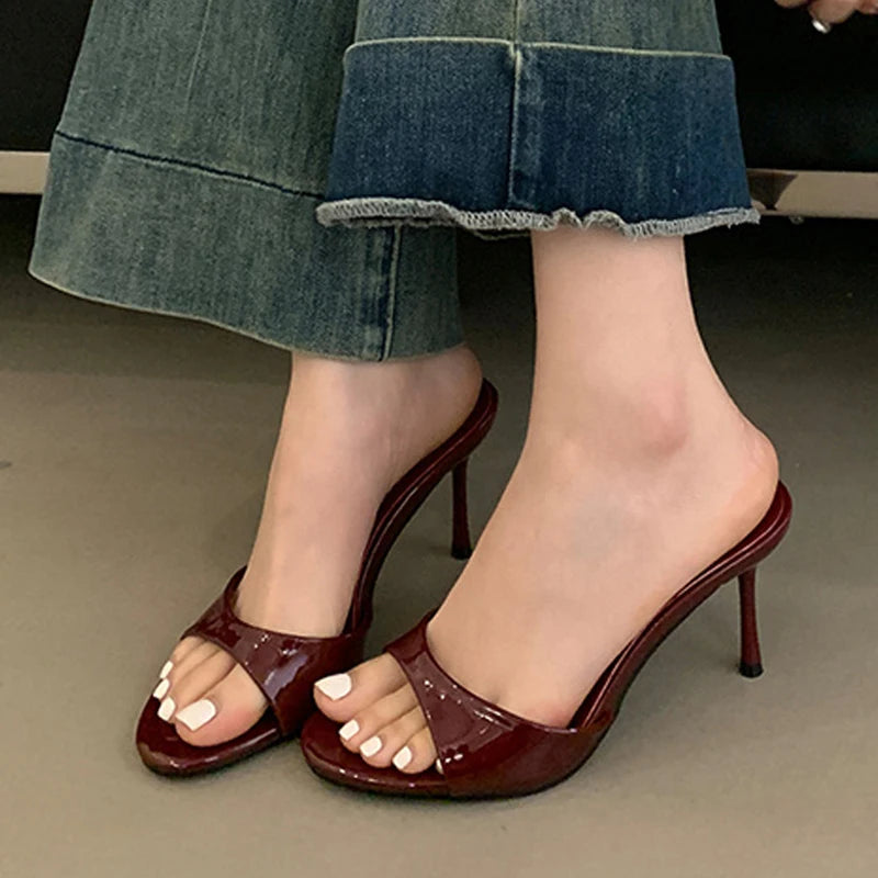 Wine Red Patent Leather Women Slippers Sandals Fashion Round Open Toe Thin High Heels Mules Slides Summer Party Dress Shoe - EUFASHIONBAGS