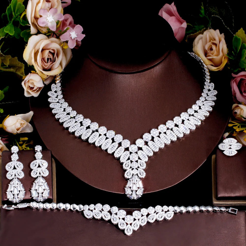 UAE Luxury Bling Heavy CZ Stone Paved 4pcs Saudi Arabia Bridal Party Jewelry Sets for Wedding Banquet Accessory - EUFASHIONBAGS