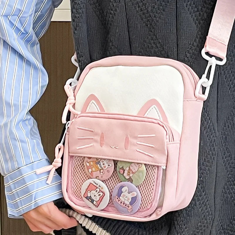 Harajuku Mini Women Ita Bags Women Casual Nylon Cartoon Cat Embroidered Bolso Mujer Daily Subculture DIY Badge Bag Female - EUFASHIONBAGS