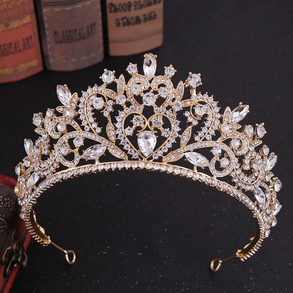 Baroque Korean Gold Color Crystal Crown Hair Accessories Luxury Rhinestone Tiara For Women Wedding Headdress Bridal Hair Jewelry