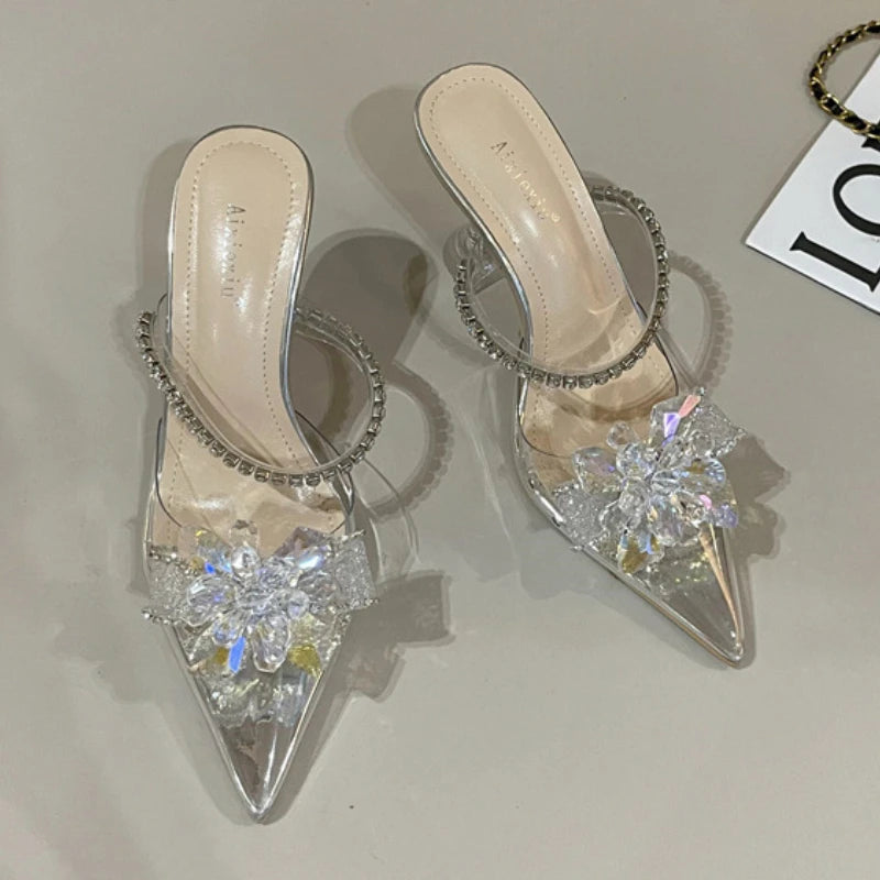 Crystal Flower Transparent High Heels Women Designer Pointed Toe Mules Wedding Prom Shoes PVC Sexy Rhinestone Sandals Ladies