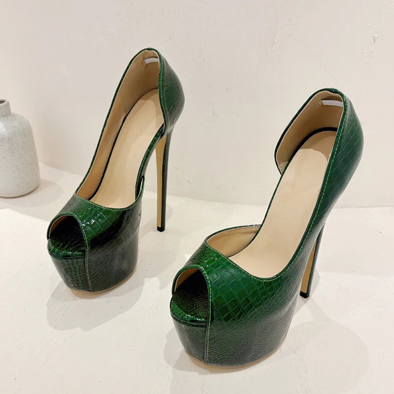 2025 New Green Snake Print Leather Platform Pumps Women Sexy Slingback Peep Toe Extreme High Heels Strip Pole Dance Shoes - EUFASHIONBAGS