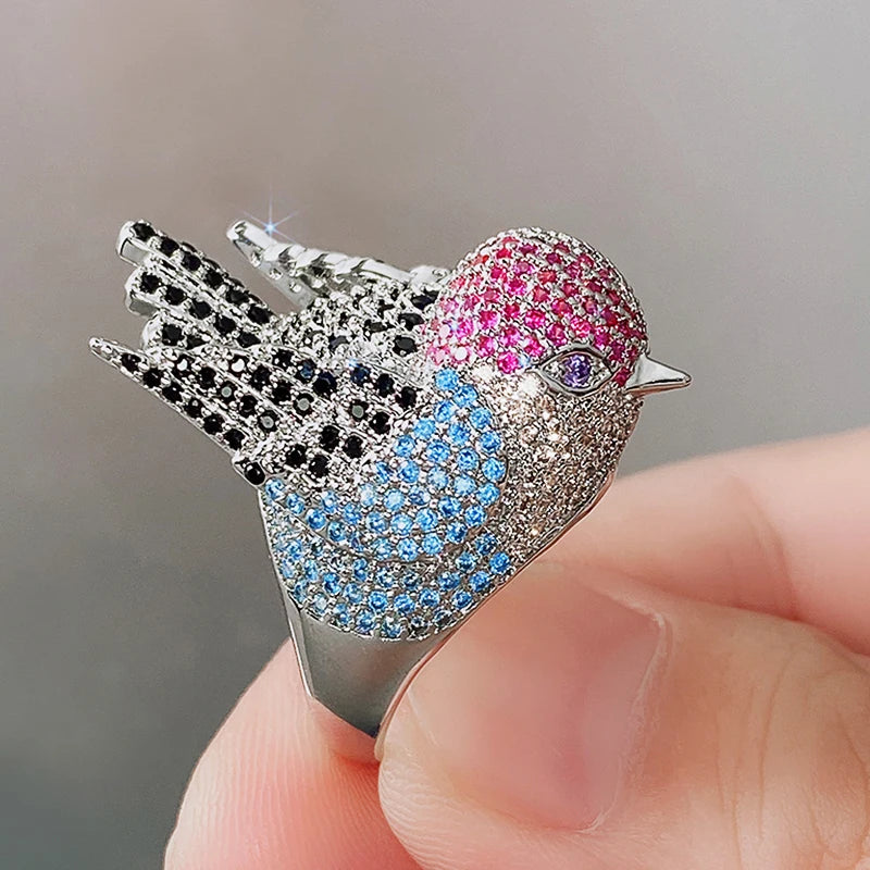 Rainbow Bird Rings for Women Hyperbole Female Finger Accessories Party Special-interested Girl Gift BlingTrendy Jewelry - EUFASHIONBAGS