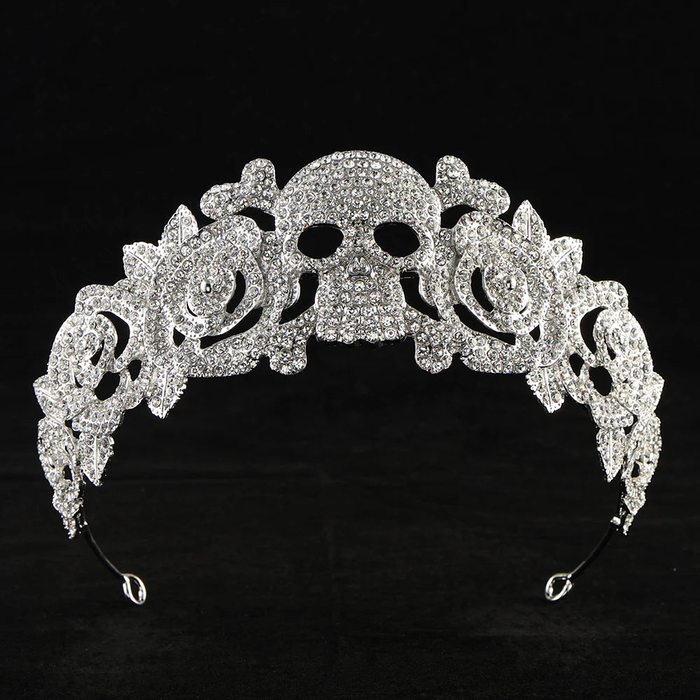 Baroque Vintage Full Rhinestone Skull Bridal Tiaras Crown Women Headbands Halloween Carnival Party Didem Hair Dress Accessories - EUFASHIONBAGS