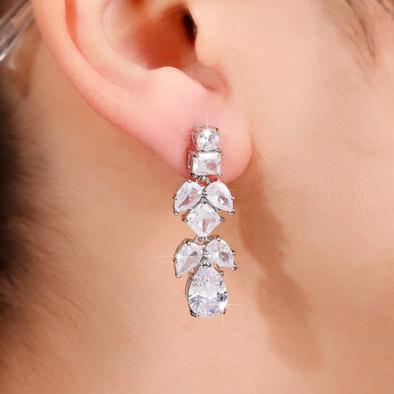 Trendy Leaf Shape Silver Color Earrings for Women Crystal CZ Exquisite Lady's Ear Dangle Earrings Wedding Party Jewelry - EUFASHIONBAGS