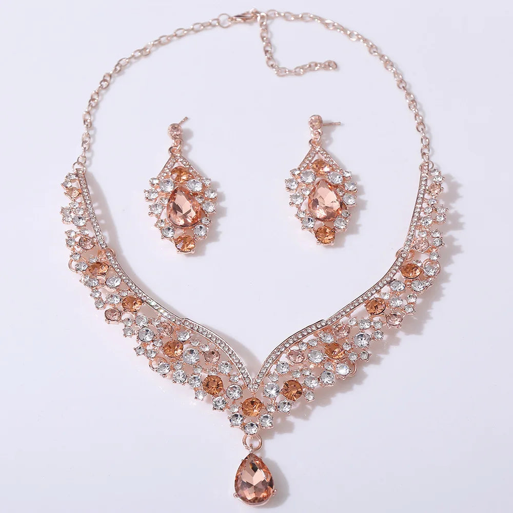 Exquisite Luxury Water Drop Crystal Bridal Jewelry Sets for Women Chokers Necklace Earrings Set Wedding Dress Dubai Jewelry Set - EUFASHIONBAGS