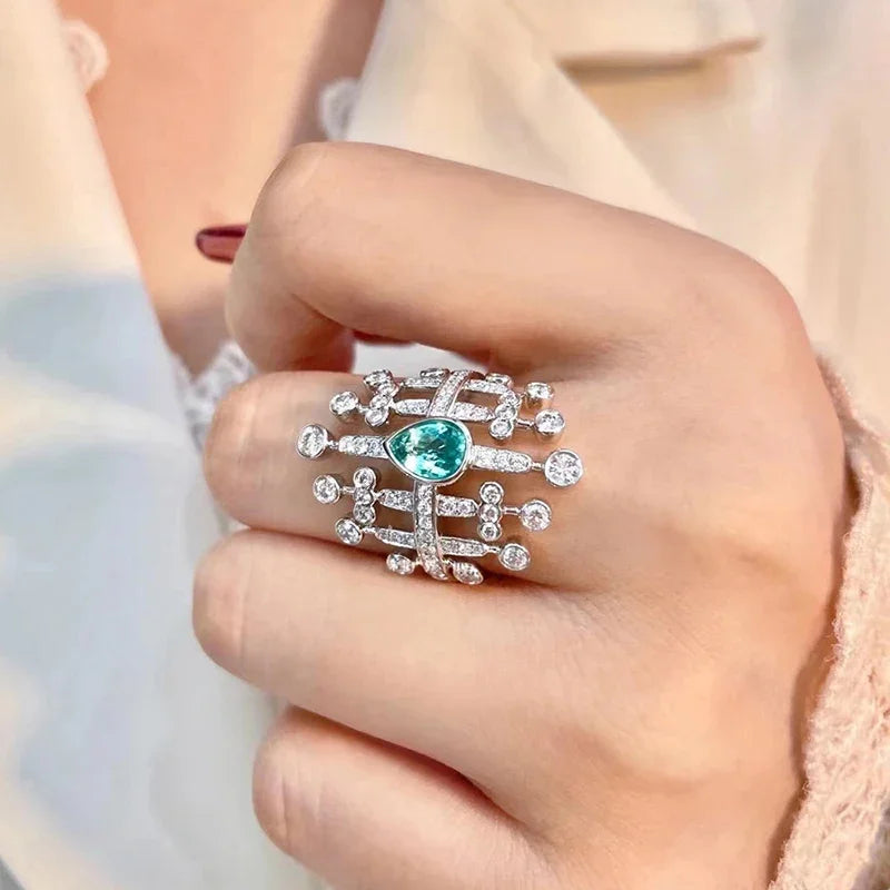 Geometric Rings with Pear Green CZ for Women Wide Band Female Accessories Wedding Trend Jewelry