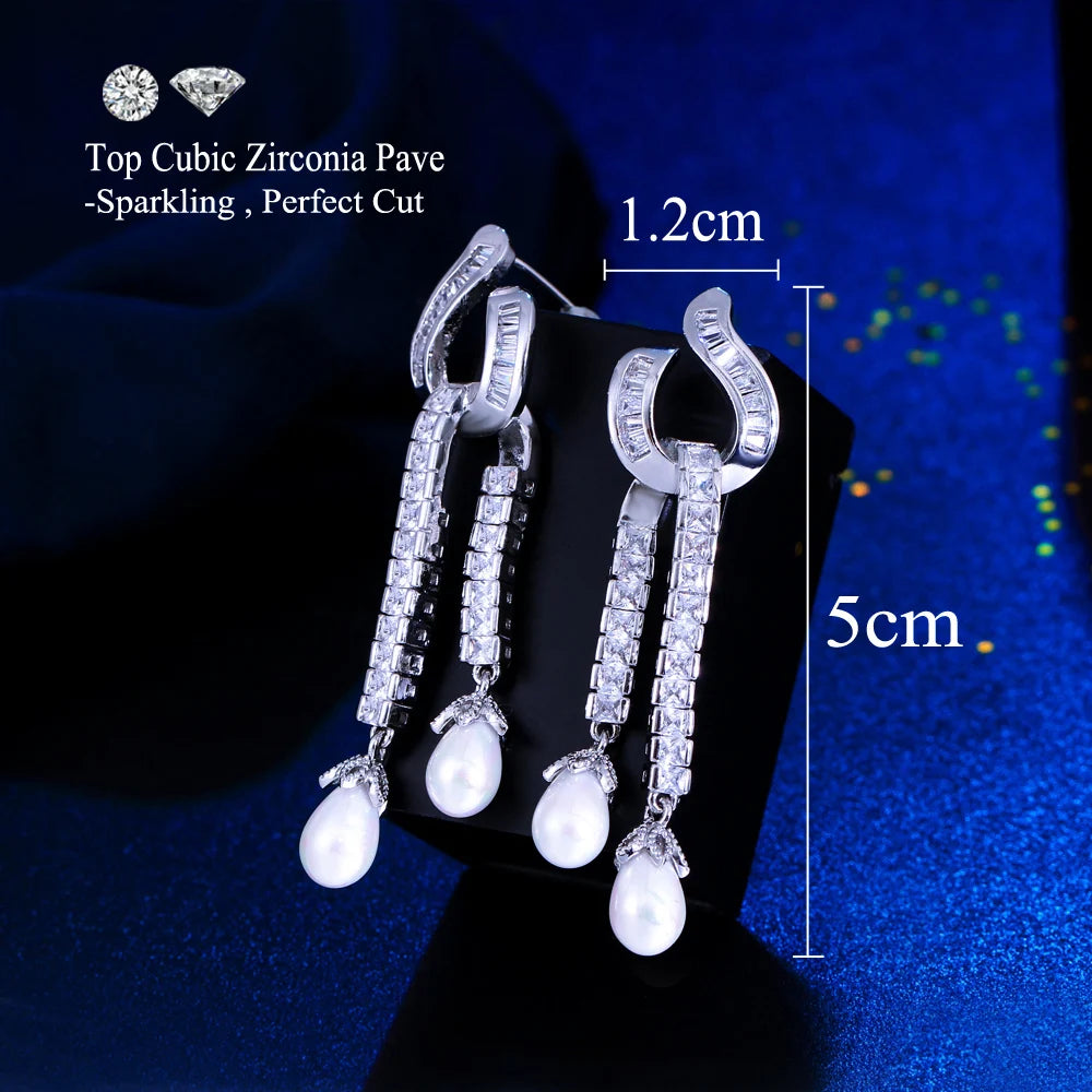 Geometric Cubic Zirconia Long Dangle Tassel Water Drop Pearl Pageant Wedding Party Engagement Earring for Women - EUFASHIONBAGS