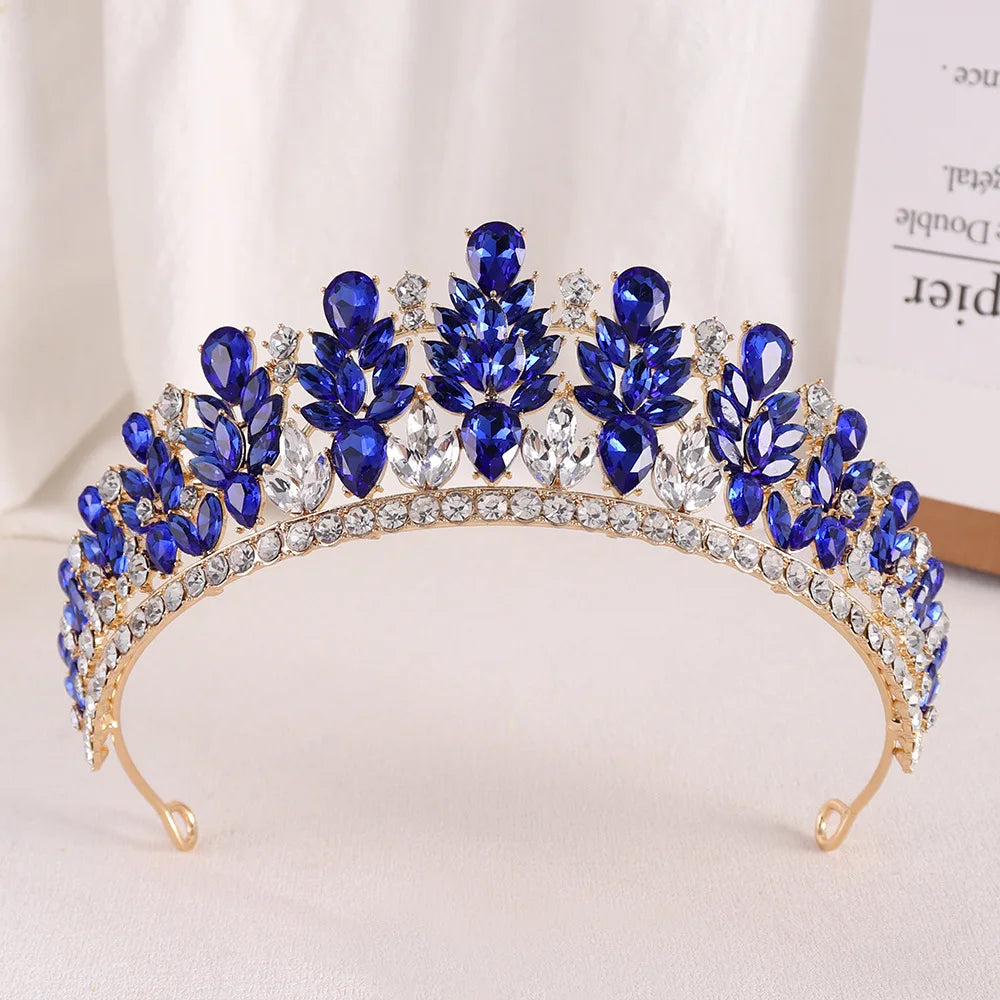 Luxury Blue Opal Crystal Flowers Water Drop Tiaras Crowns Women Headbands Wedding Party Elegant Pageant Diadem Hair Accessories - EUFASHIONBAGS