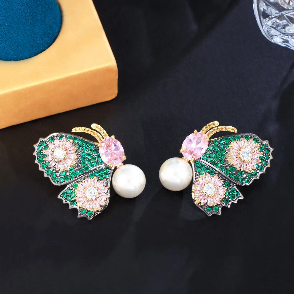 Glamorous Pink Green Cubic Zirconia Asymmetrical Butterfly Drop Pearl Earrings for Women Unique Party Jewelry - EUFASHIONBAGS