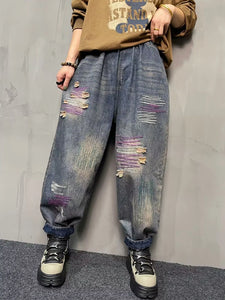 Autumn Fashion Ripped Jeans Womens Loose Embroidery Denim Pants Ladies Casual Vintage Elastic Punk Harem Trousers