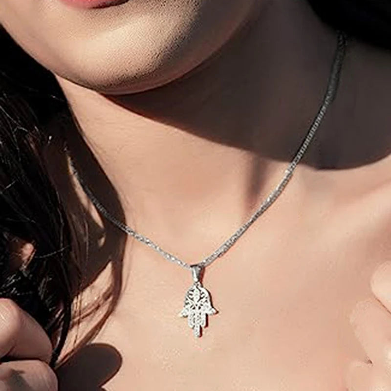 Delicate Hand Pendant Necklace Lady Hollow-out Style Accessories with Bright Cubic Zirconia Statement Jewelry for Women - EUFASHIONBAGS