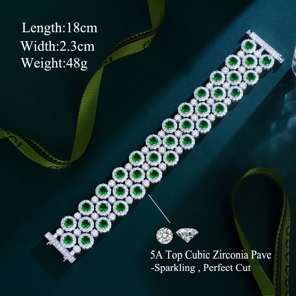 Super Luxury Chunky Green Round Cubic Zirconia Big Wide Bridal Wedding Banquet Multiple Bracelets for Women - EUFASHIONBAGS