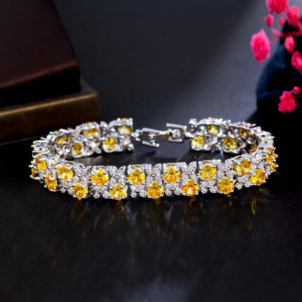 Two Layer Round Cubic Zirconia Elegant Leaf Flower Shape Women Party Evening Wedding CZ Bracelet for Brides