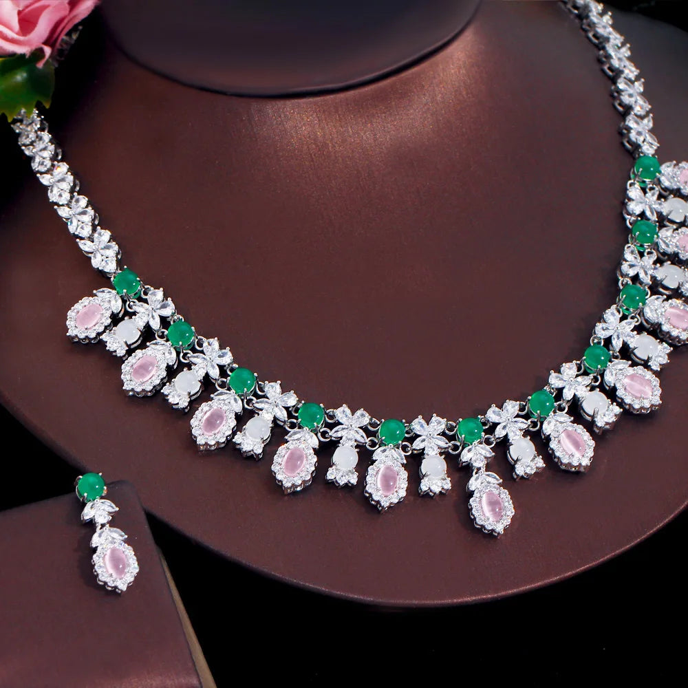 Pink Opal and Cubic Zirconia Setting Flower Bridal Necklace Earring Jewelry Sets for Wedding Accessories - EUFASHIONBAGS