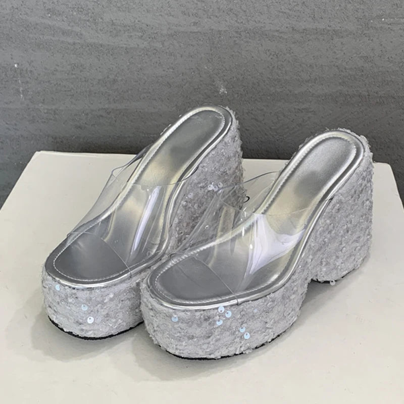 Summer Fashion PVC Transparent Women Slippers Sequined Platform Wedges High Heels Shoes Sexy Peep Toe Sandals Ladies Gold