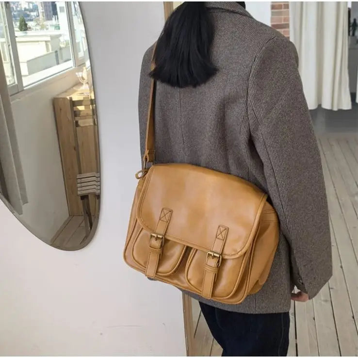 Large Brown Messenger Bag Women Vintage Soft Chic Pu Leather Handbag Female Harajuku Casual Crossbody Bags New - EUFASHIONBAGS