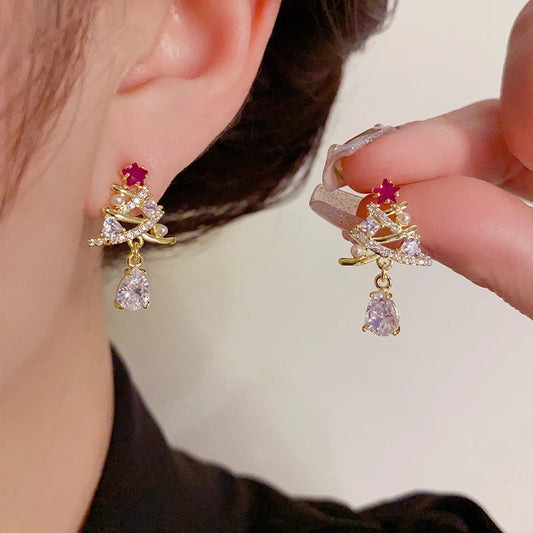 Bright Zirconia Christmas Tree Drop Earrings Female Party Jewelry with Simulated Pearl Fashion Gold Color Accessories