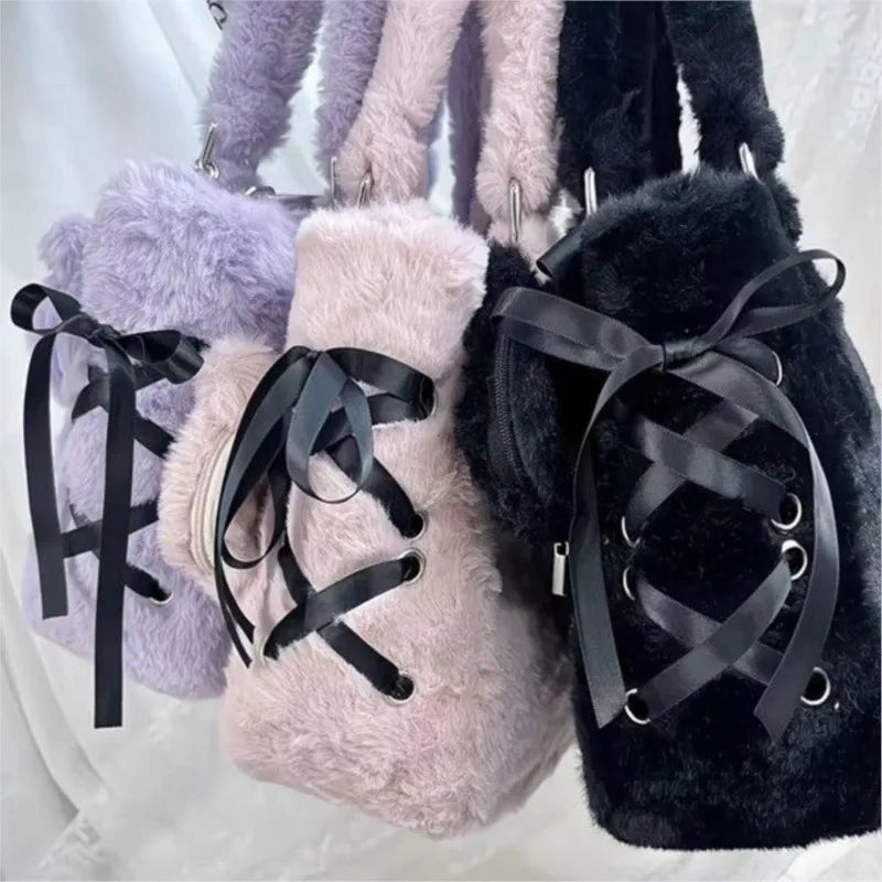 Plush Bow Purple Handbag Purse Women Sweet Japanese Transparent Ita Bag Girls Kawaii Shoulder Crossbody Bag Aesthetic - EUFASHIONBAGS