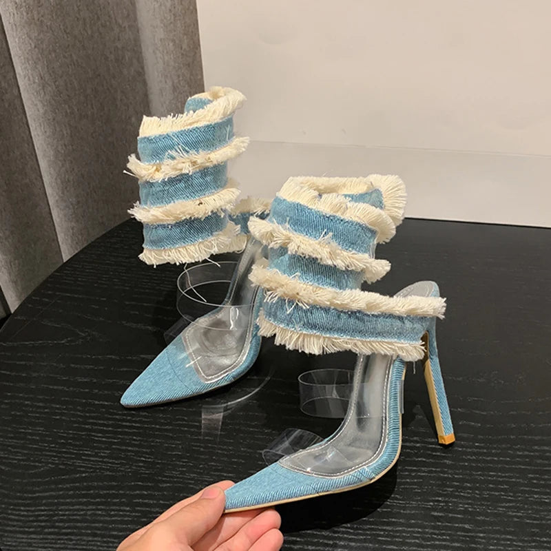 2025 New Denim Ankle Snake Surround Strap Sandal Women Transparent PVC Summer High Heels Party Stripper Shoes Pumps - EUFASHIONBAGS