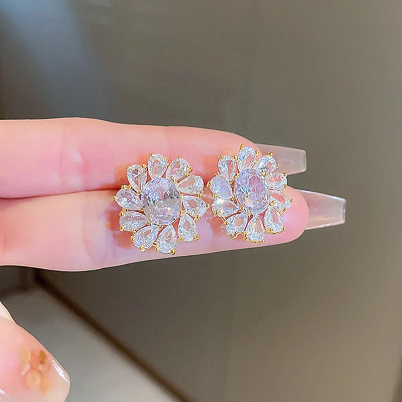 Sparkling CZ Stud Earrings Women Aesthetic Flower Shape Bridal Wedding Earrings Exquisite Ear Accessories Party Jewelry - EUFASHIONBAGS